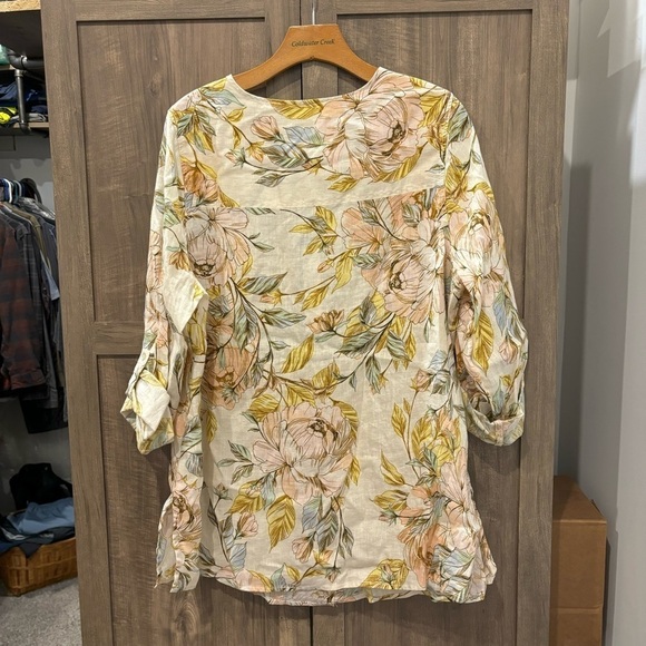 Nicole Miller 1X Tunic 100% Linen Floral Button Front Top Long Roll Tab Sleeves - Picture 2 of 10